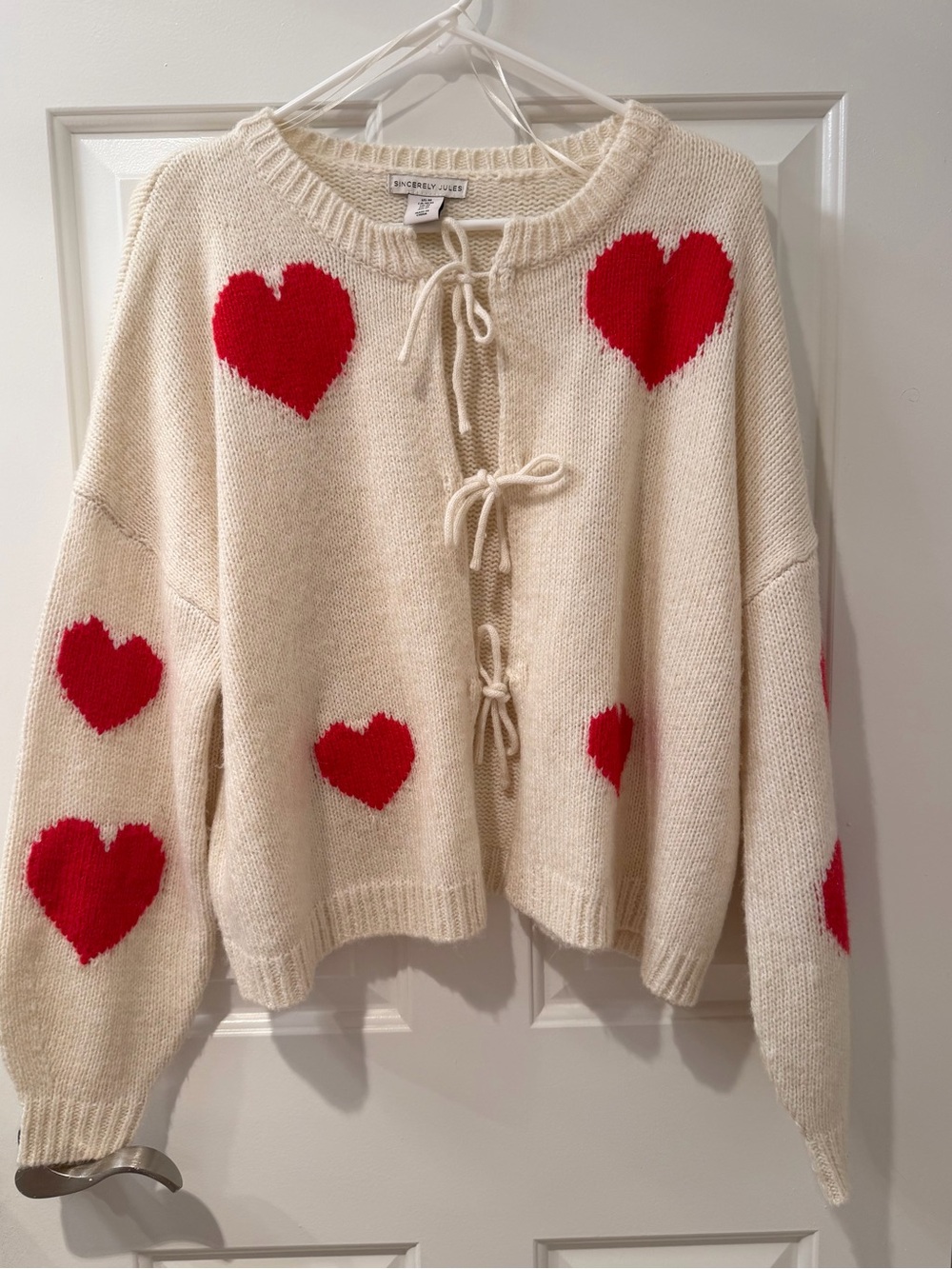 Sincerely Jules Cream Knit Cardigan with Red Heart Motifs